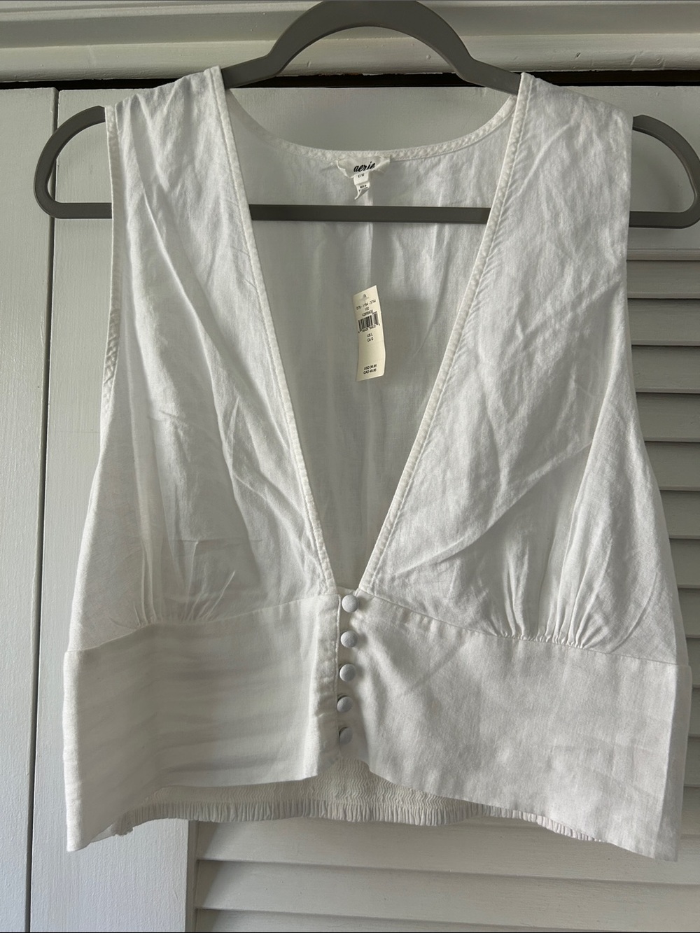 aerie White Deep V Button-Front Cropped Tank
